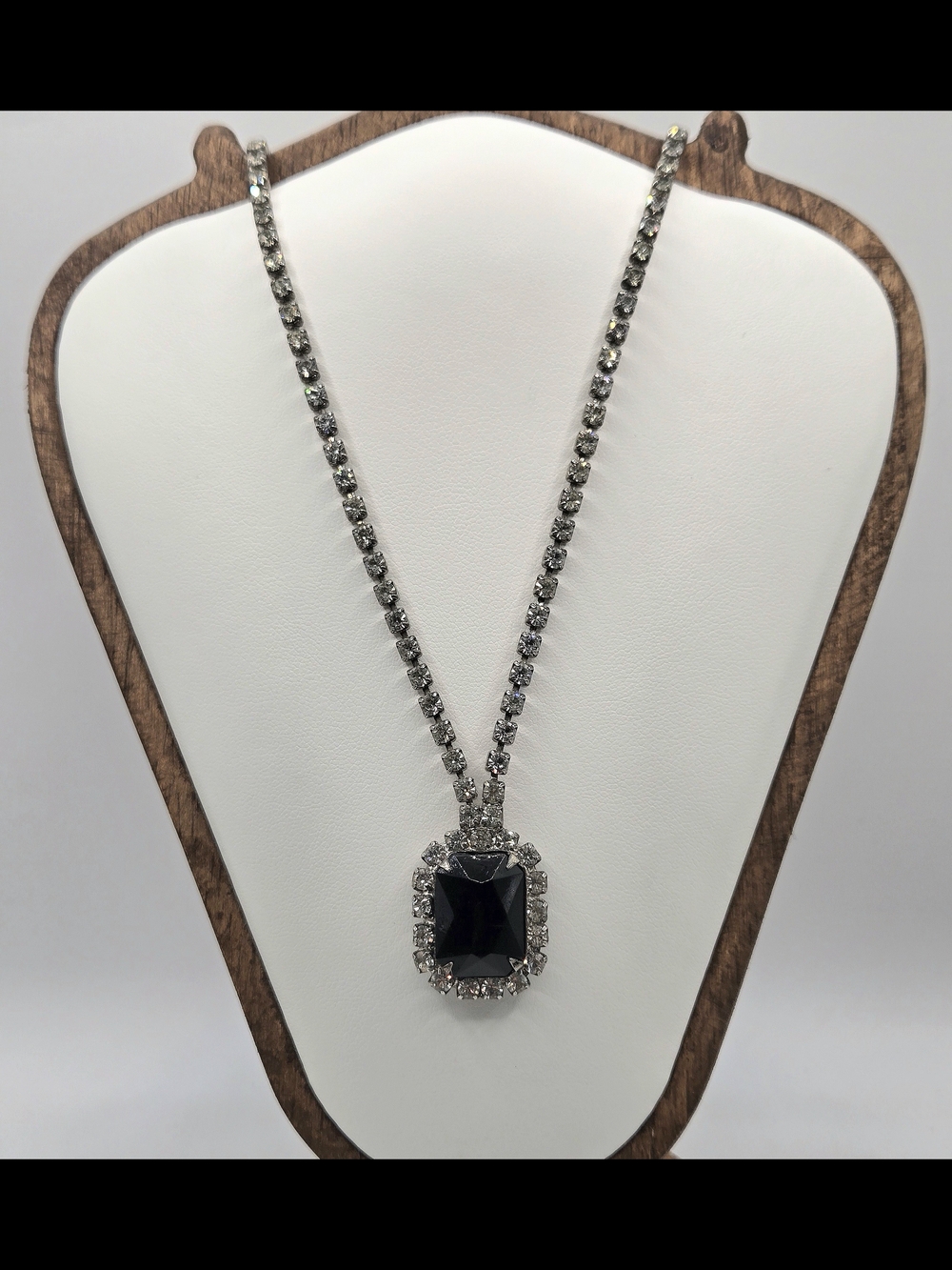 Vintage Black Acrylic & Rhinestone Pendant Necklace